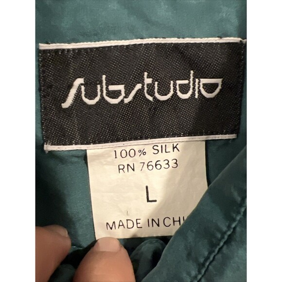 Vintage Substudio Silk Shirt Mens L Teal Green Button Up Short Sleeve‎ Pockets - Picture 5 of 11